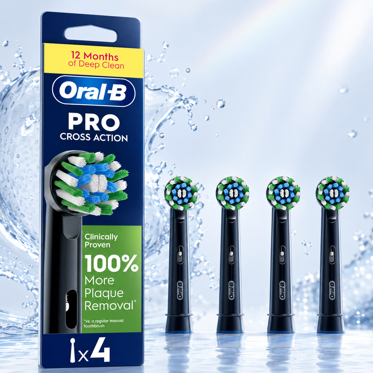 Oral-B Pro CrossAction Electric Toothbrush Heads 4 Pack Black — Genuine Oral B Replacement Brush Heads