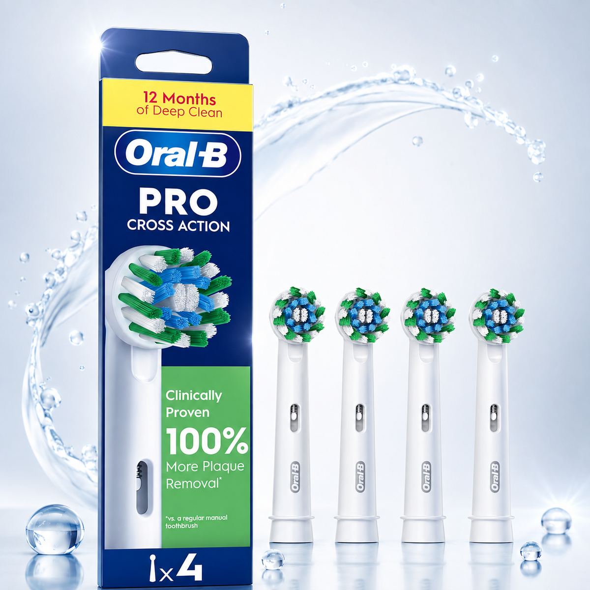 Replacement Toothbrush Heads Compatible with Oral-B CrossAction – 4 Pack, X-Shape Angled Bristles